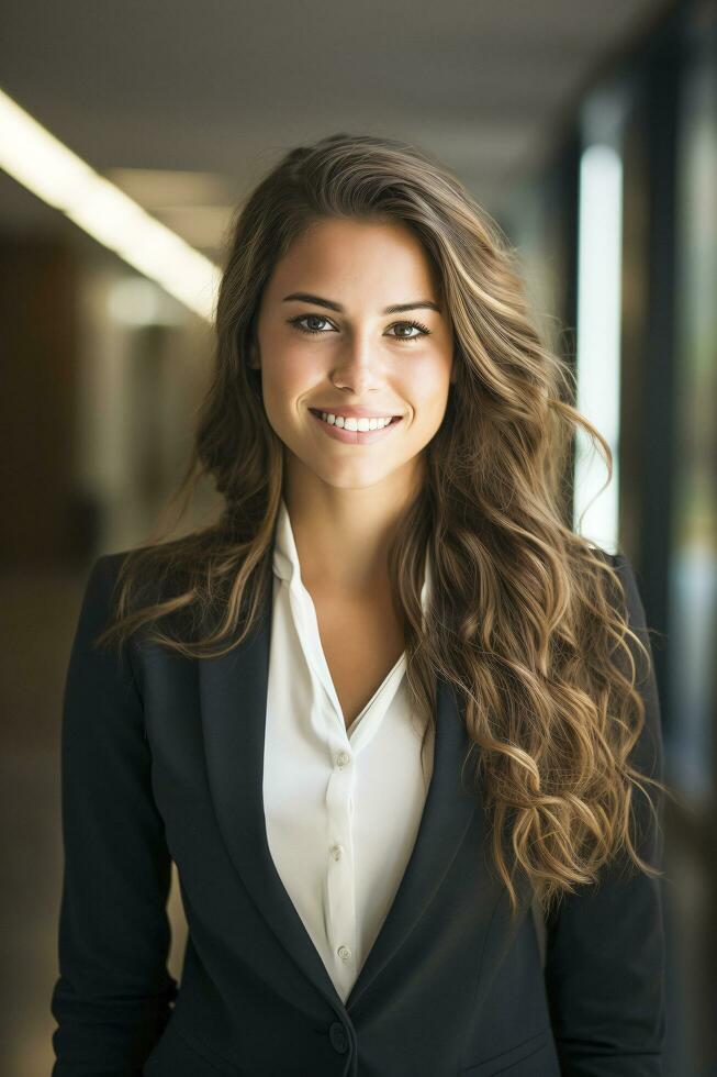 une content réussi Jeune femme d'affaires, femelle carrière concept. moderne Bureau ouvrier. ai génératif photo