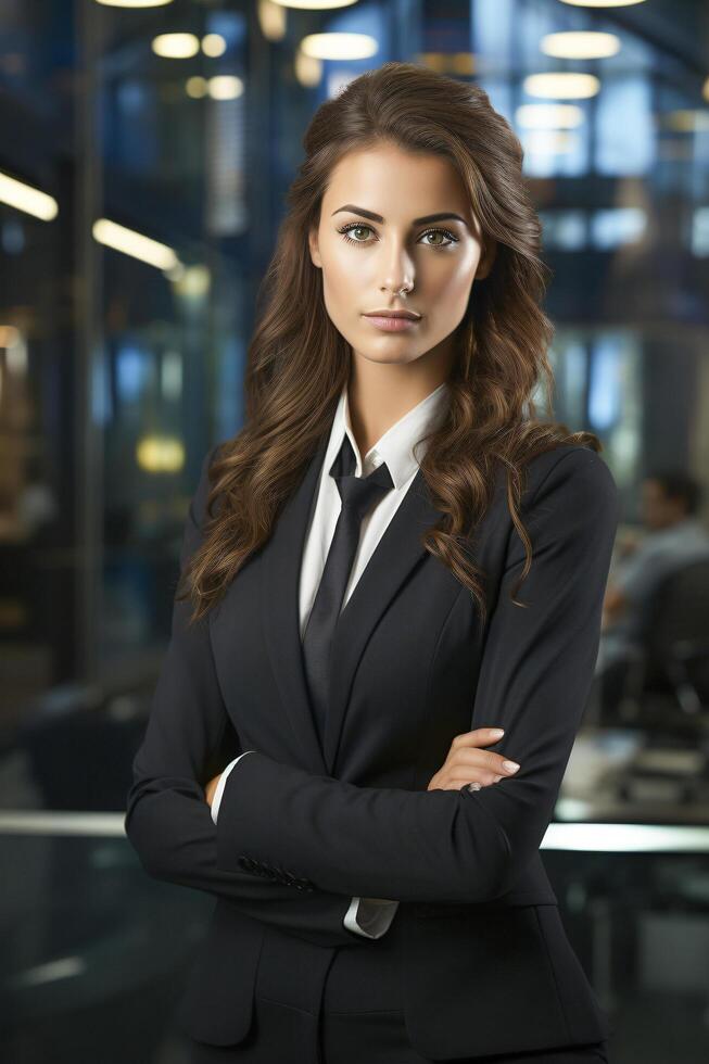 une content réussi Jeune femme d'affaires, femelle carrière concept. moderne Bureau ouvrier. ai génératif photo