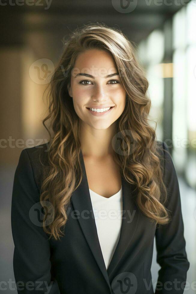 une content réussi Jeune femme d'affaires, femelle carrière concept. moderne Bureau ouvrier. ai génératif photo