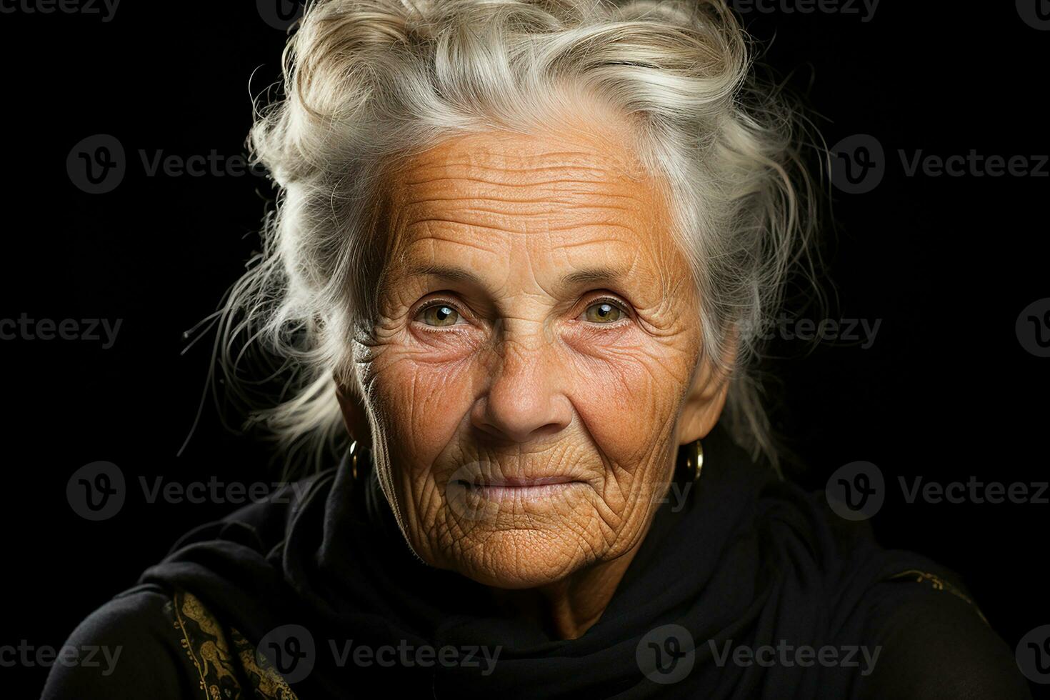 ai généré studio portrait de branché vieux personnes âgées femme sur différent Couleur Contexte dans des lunettes et écouteurs photo