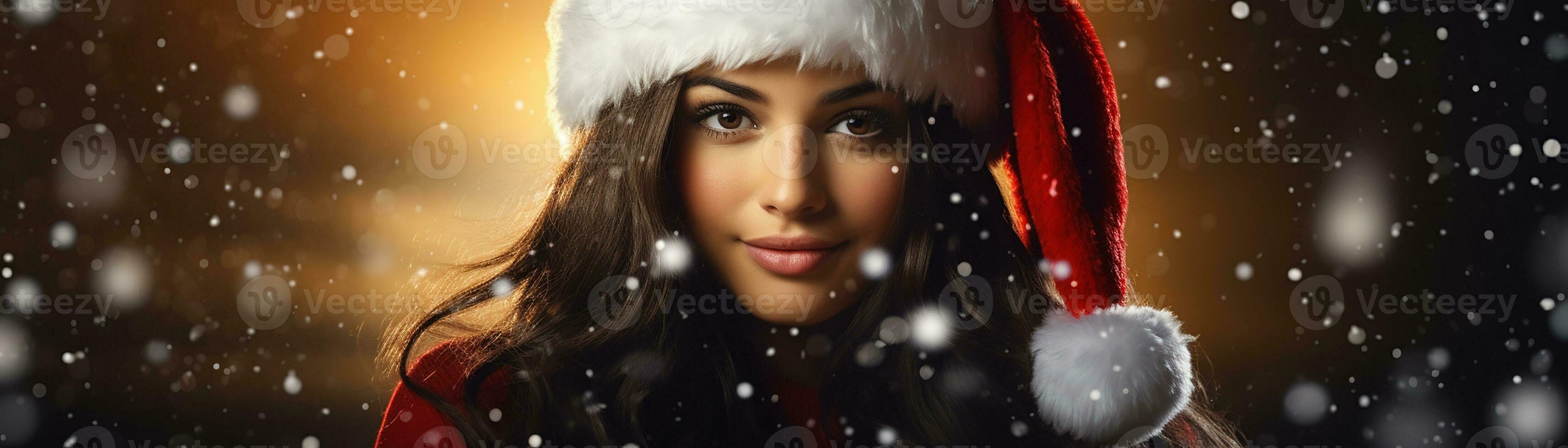 ai généré portrait de magnifique souriant femme dans Père Noël claus portant photo