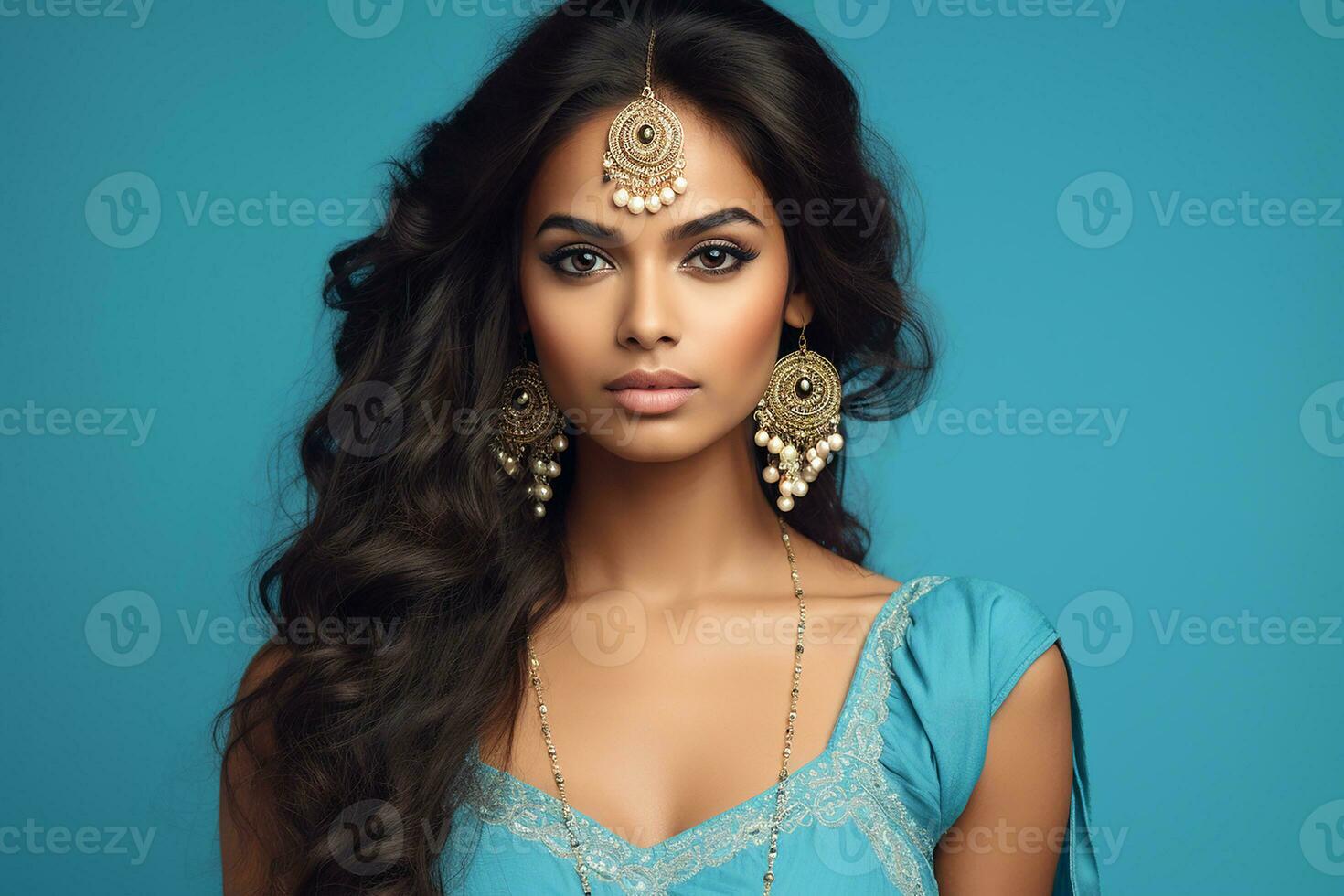ai généré studio portrait de magnifique Indien femme dans décontractée et nationale robe dans différent couleurs Contexte photo