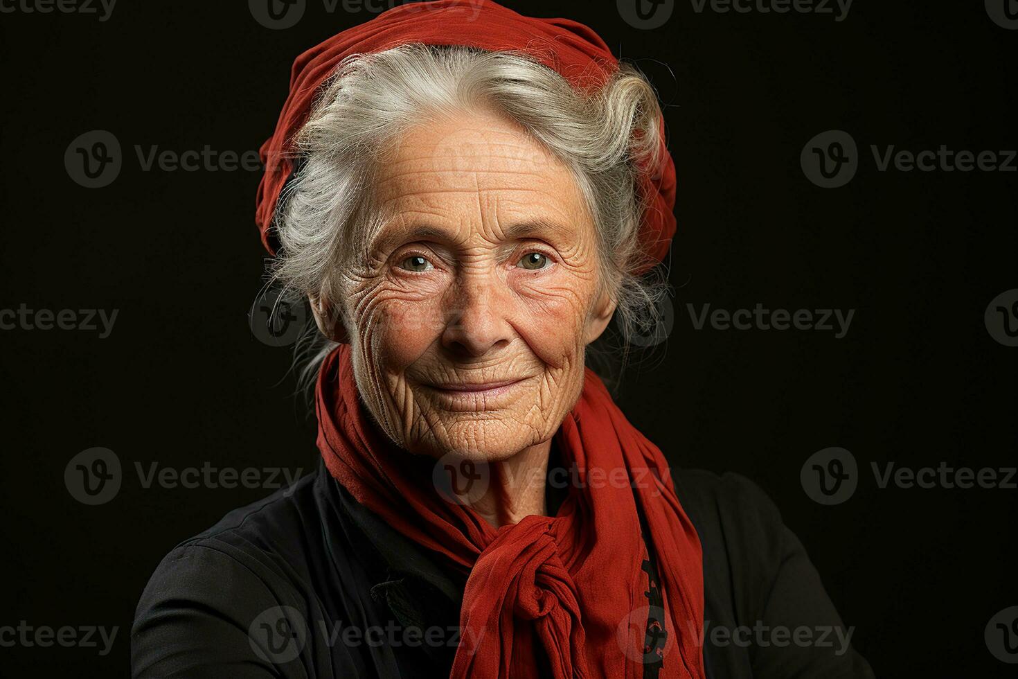 ai généré studio portrait de branché vieux personnes âgées femme sur différent Couleur Contexte dans des lunettes et écouteurs photo