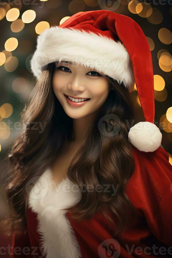 ai généré portrait de magnifique souriant femme dans Père Noël claus portant photo