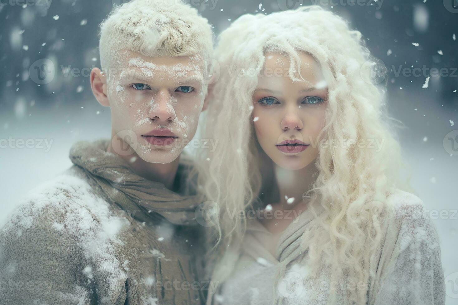 ai généré portrait de magnifique souriant Jeune couple homme et femme permanent en dessous de neige photo