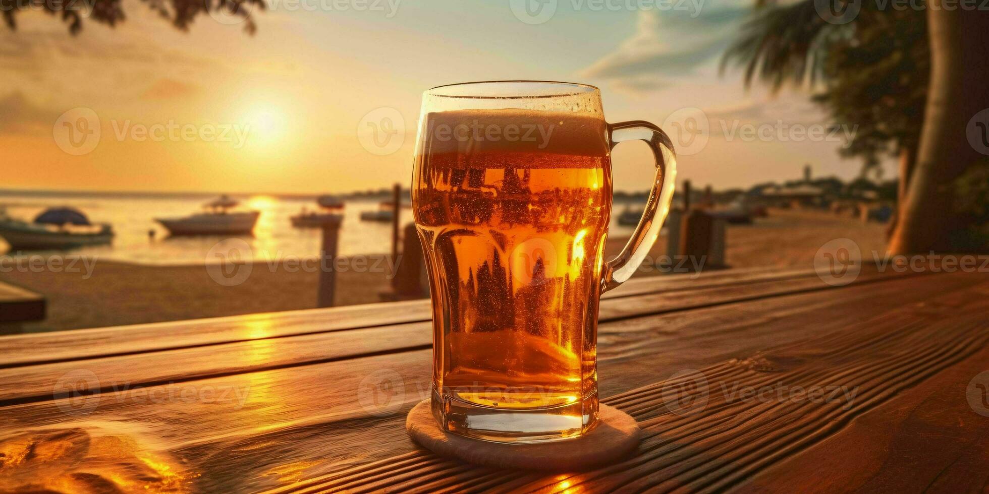 Frais Bière sur une en bois table avec plage voir. génératif ai photo