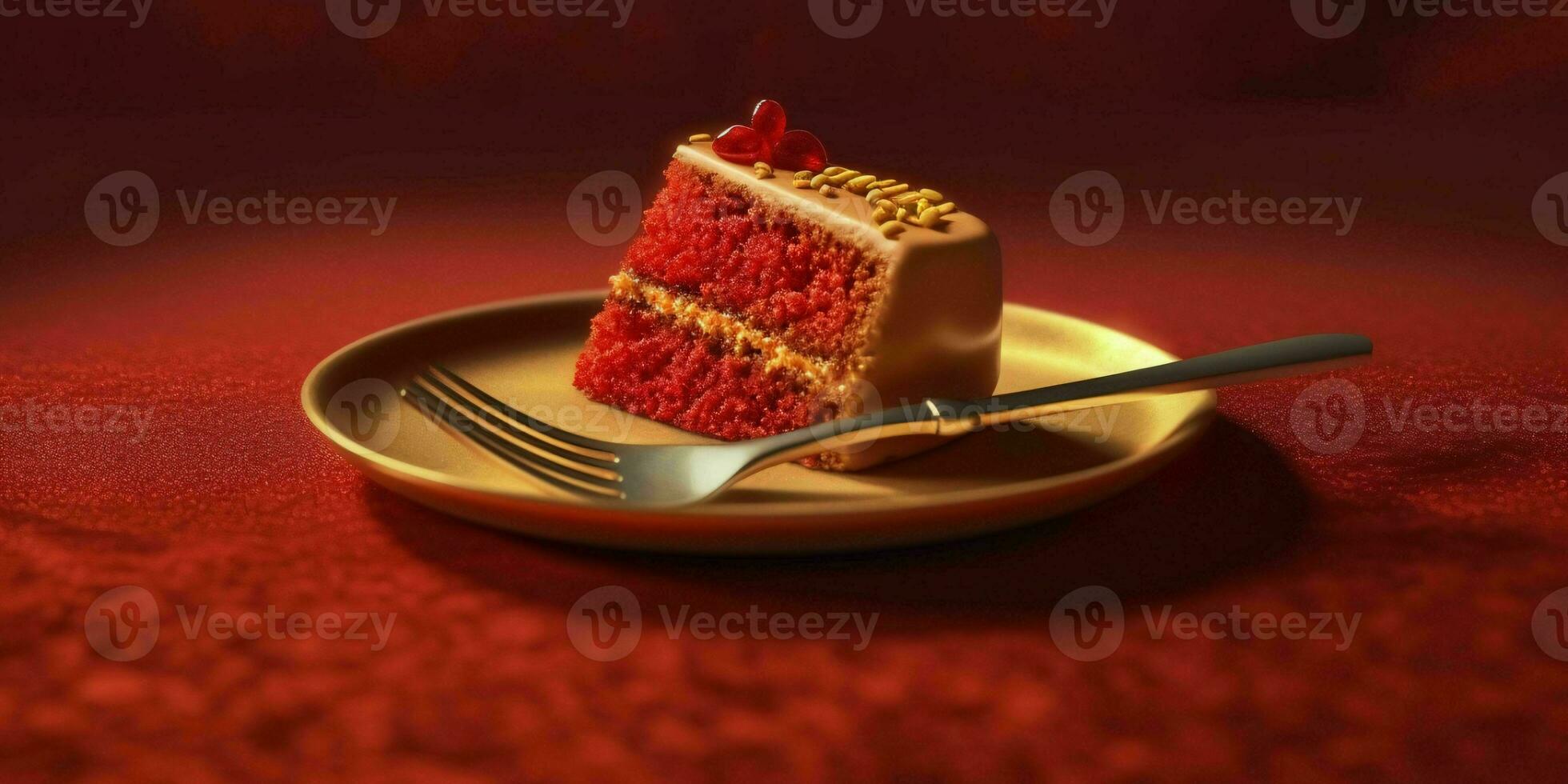 une délicieux tranche de rouge gâteau sur une d'or plaque. génératif ai photo