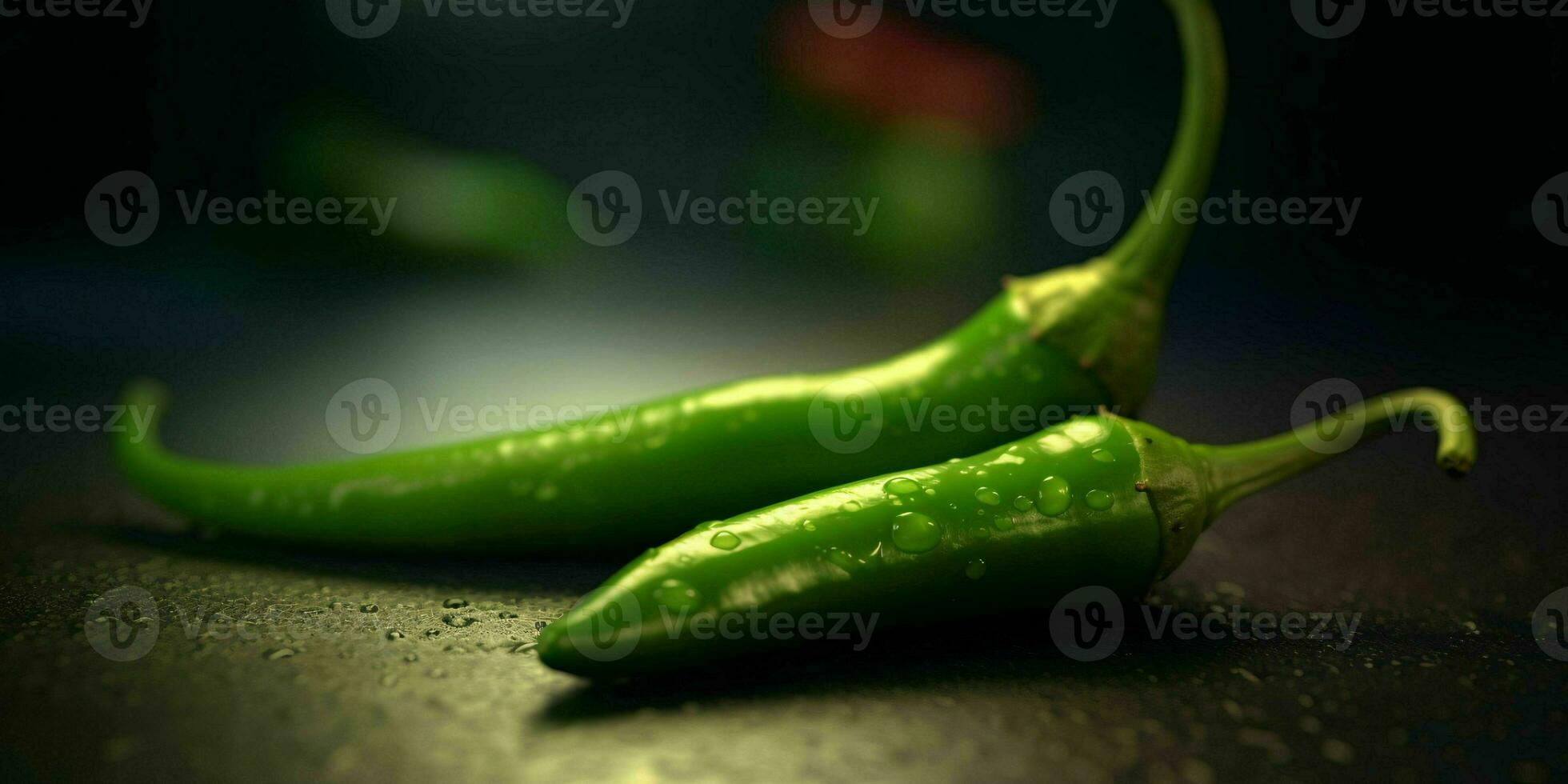 Frais vert Cayenne poivre avec l'eau gouttelettes. génératif ai photo