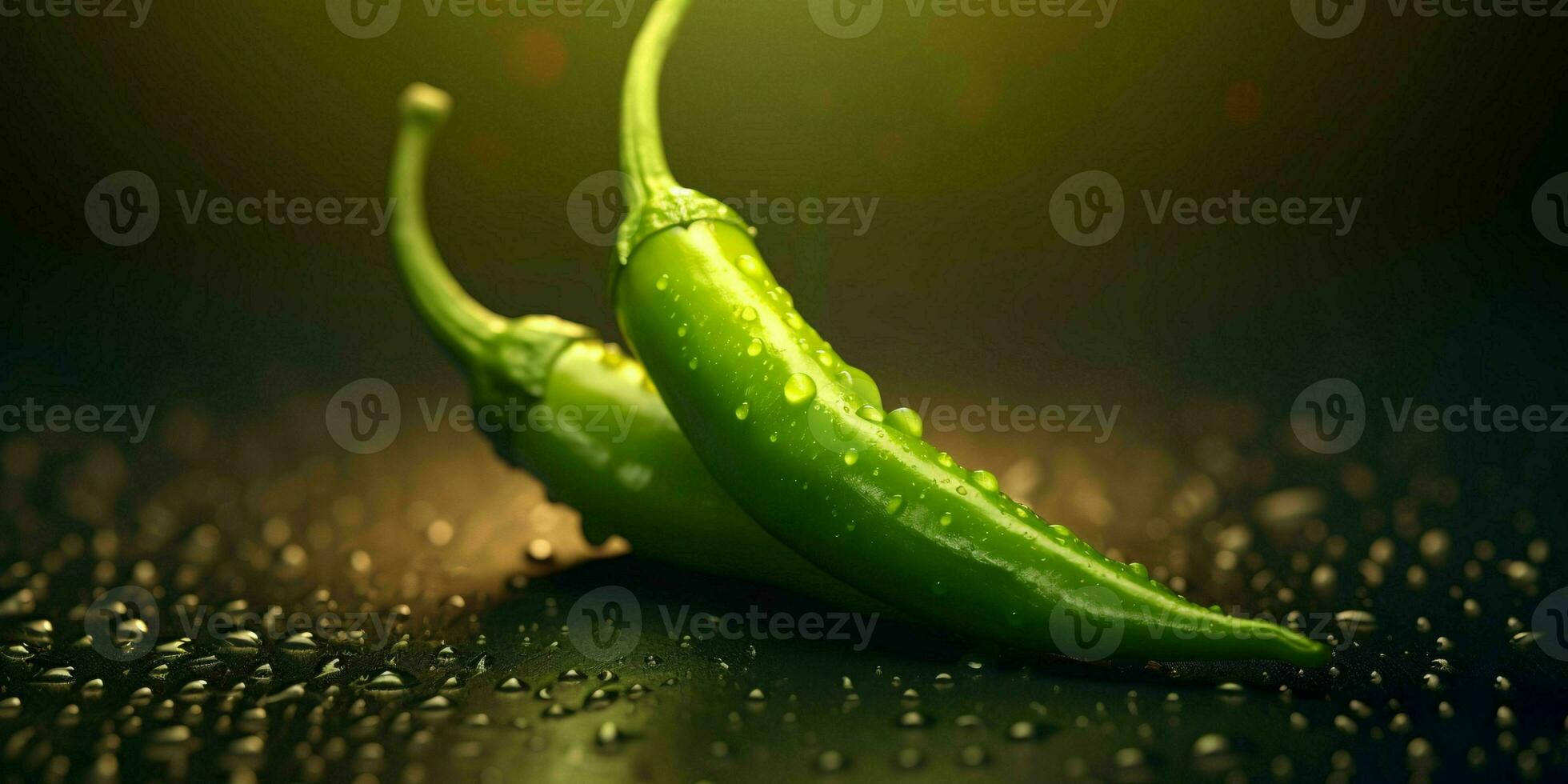 Frais vert Cayenne poivre avec l'eau gouttelettes. génératif ai photo