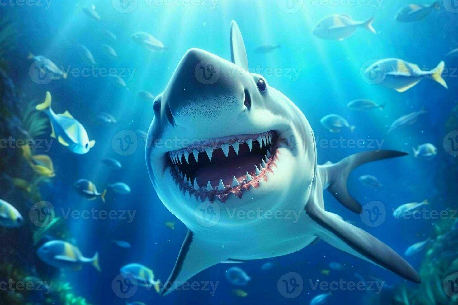 souriant requin illustration sous-marin dans dessin animé style. poisson portrait. génératif ai photo