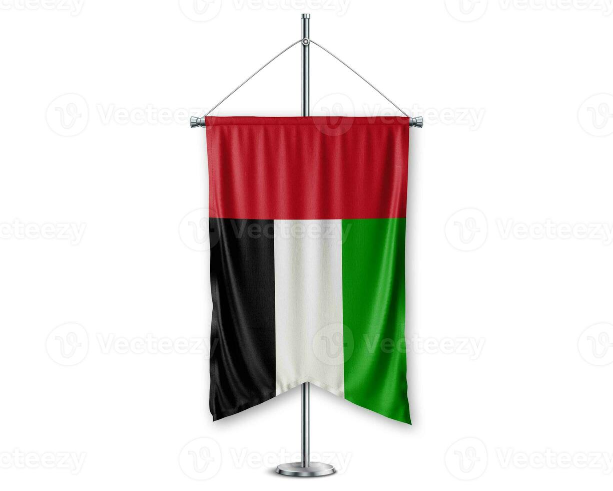 uni arabe émirats en haut fanions 3d drapeaux sur pôle supporter soutien piédestal réaliste ensemble et blanc Contexte. - image photo