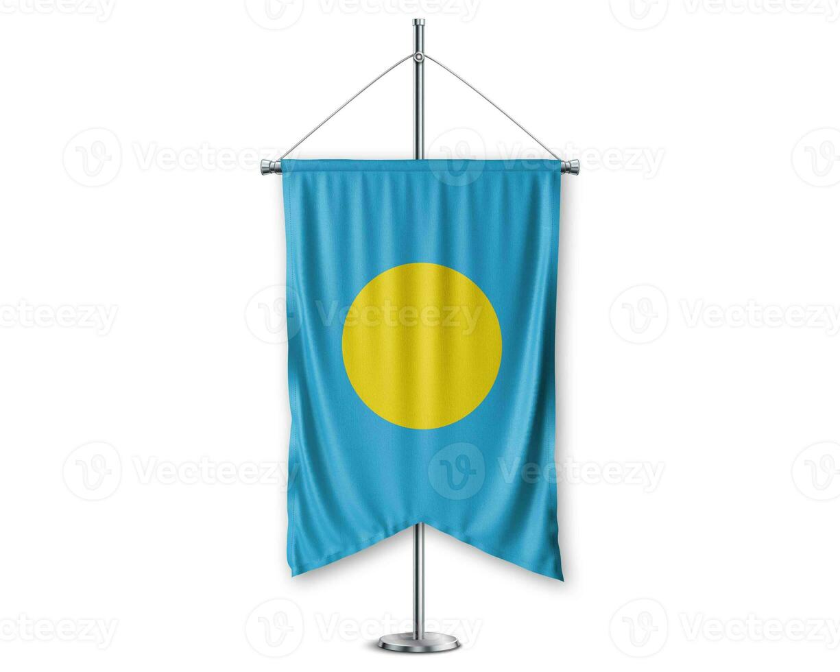 Palau en haut fanions 3d drapeaux sur pôle supporter soutien piédestal réaliste ensemble et blanc Contexte. - image photo