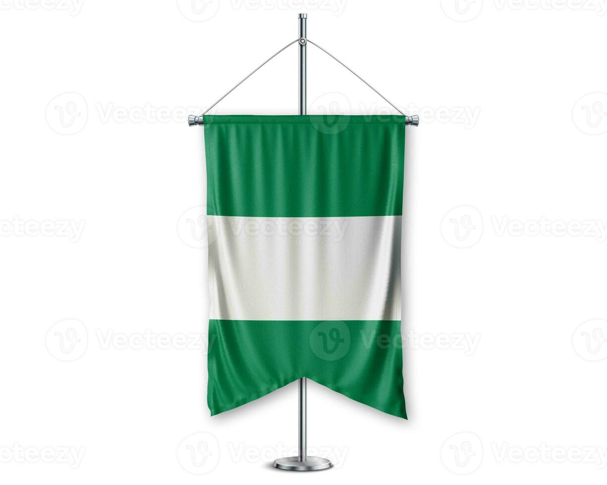 Nigéria en haut fanions 3d drapeaux sur pôle supporter soutien piédestal réaliste ensemble et blanc Contexte. - image photo