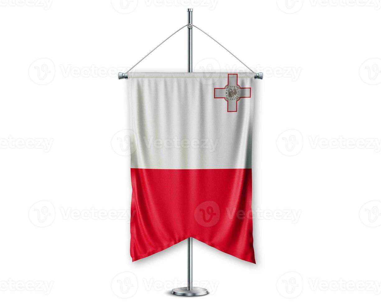 Malte en haut fanions 3d drapeaux sur pôle supporter soutien piédestal réaliste ensemble et blanc Contexte. - image photo