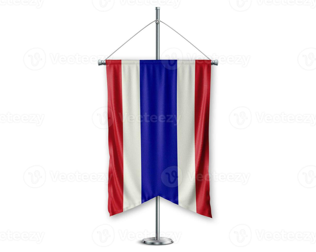 Thaïlande en haut fanions 3d drapeaux sur pôle supporter soutien piédestal réaliste ensemble et blanc Contexte. - image photo