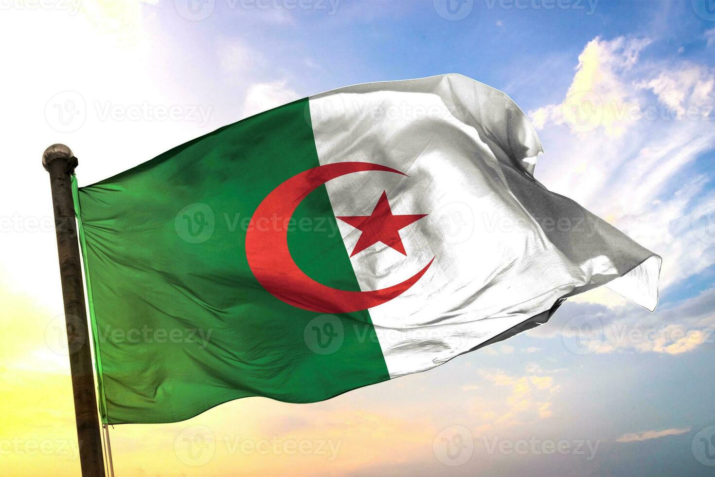 Algérie 3d le rendu drapeau agitant isolé ciel et nuage Contexte photo