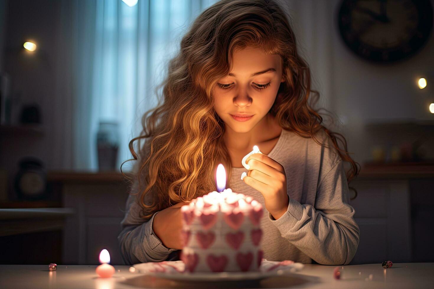 magnifique fille soufflant en dehors bougie sur anniversaire gâteau dans cuisine à maison, fille fabrication cœur geste et soufflant bougie sur gâteau à maison, ai généré photo