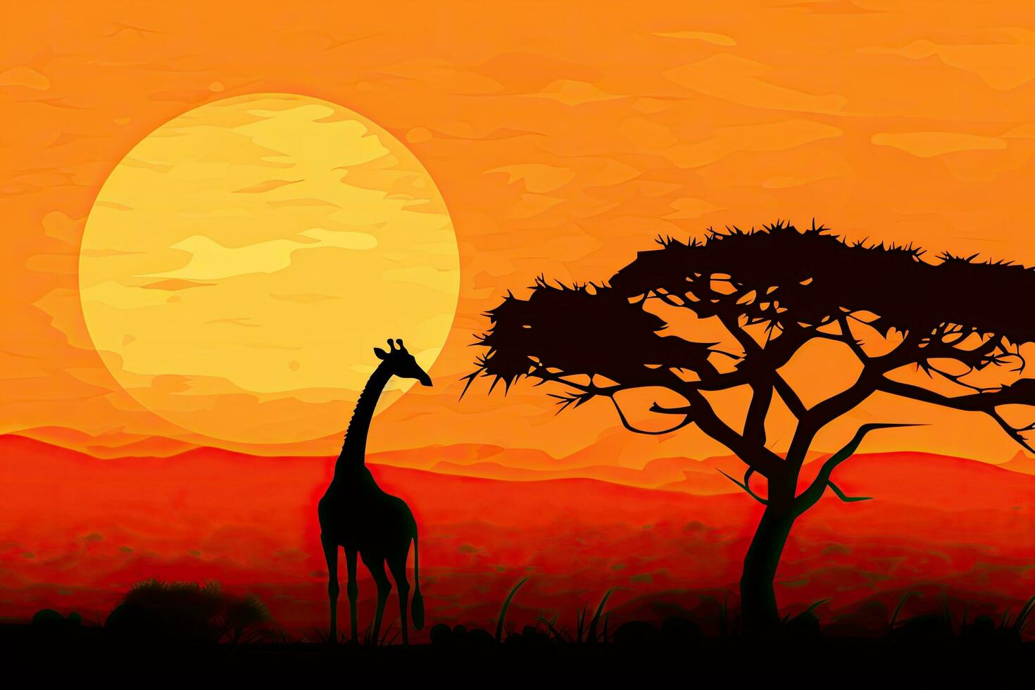 girafe silhouette dans savane à le coucher du soleil vecteur illustration graphique conception, girafe silhouette - africain faune Contexte - beauté dans Couleur et liberté, ai généré photo