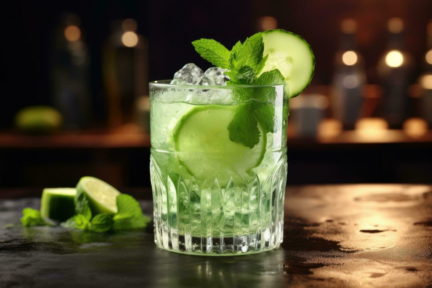 concombre Mojito cocktail avec citron vert et menthe sur bar comptoir, cocktail avec concombre, la glace sur bar compteur dans une restaurant, pub, ai généré photo