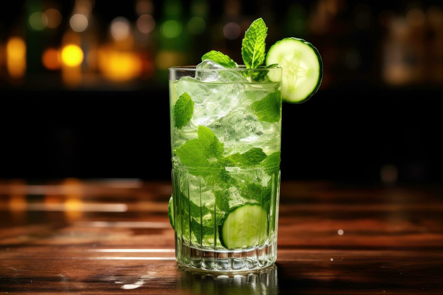 Mojito cocktail sur une bar compteur dans une boîte de nuit bar, cocktail avec concombre, la glace sur bar compteur dans une restaurant, pub, ai généré photo
