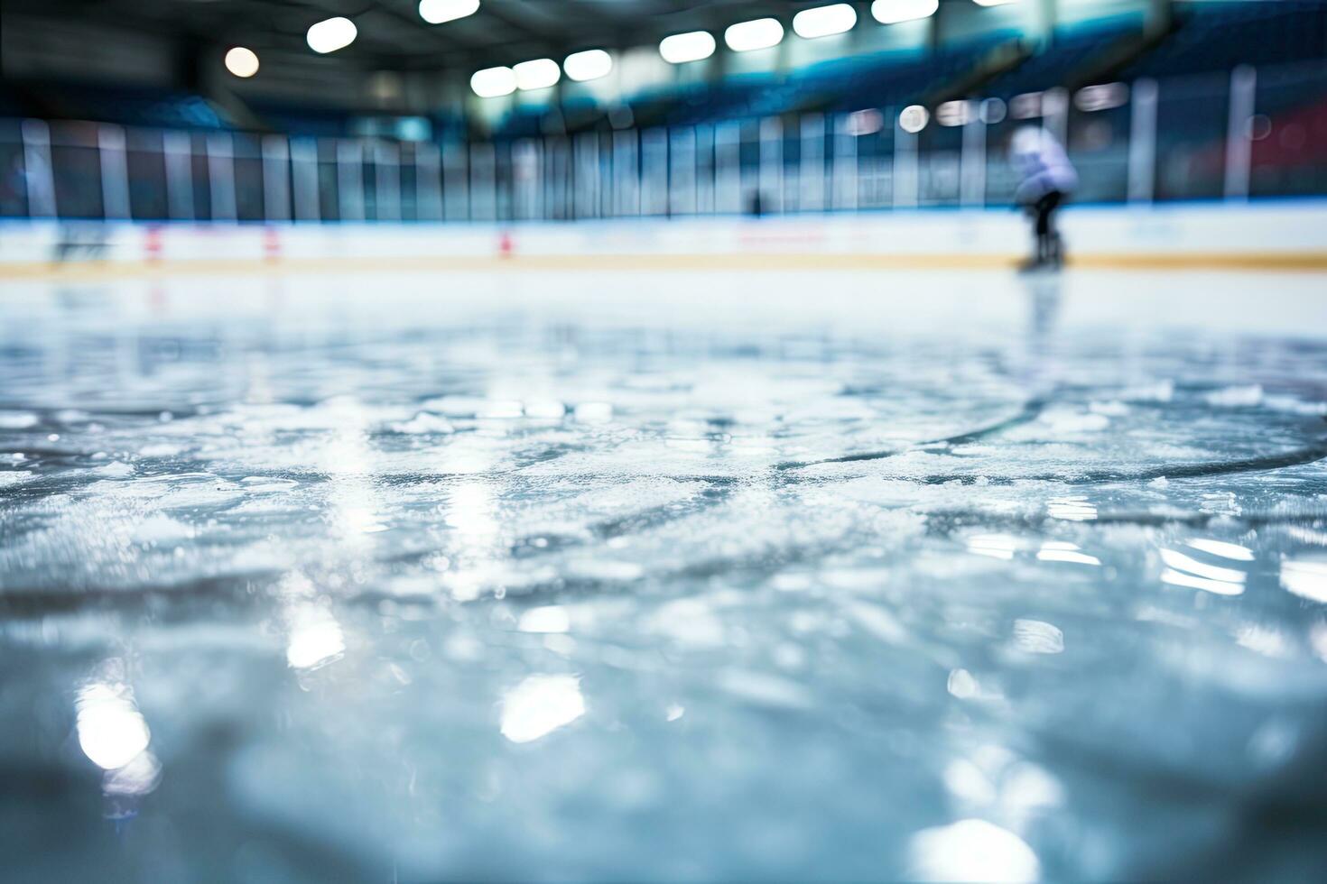 la glace le hockey patinoire avec flou gens sur il, peu profond profondeur de champ, proche en haut de la glace dans le hockey patinoire, ai généré photo
