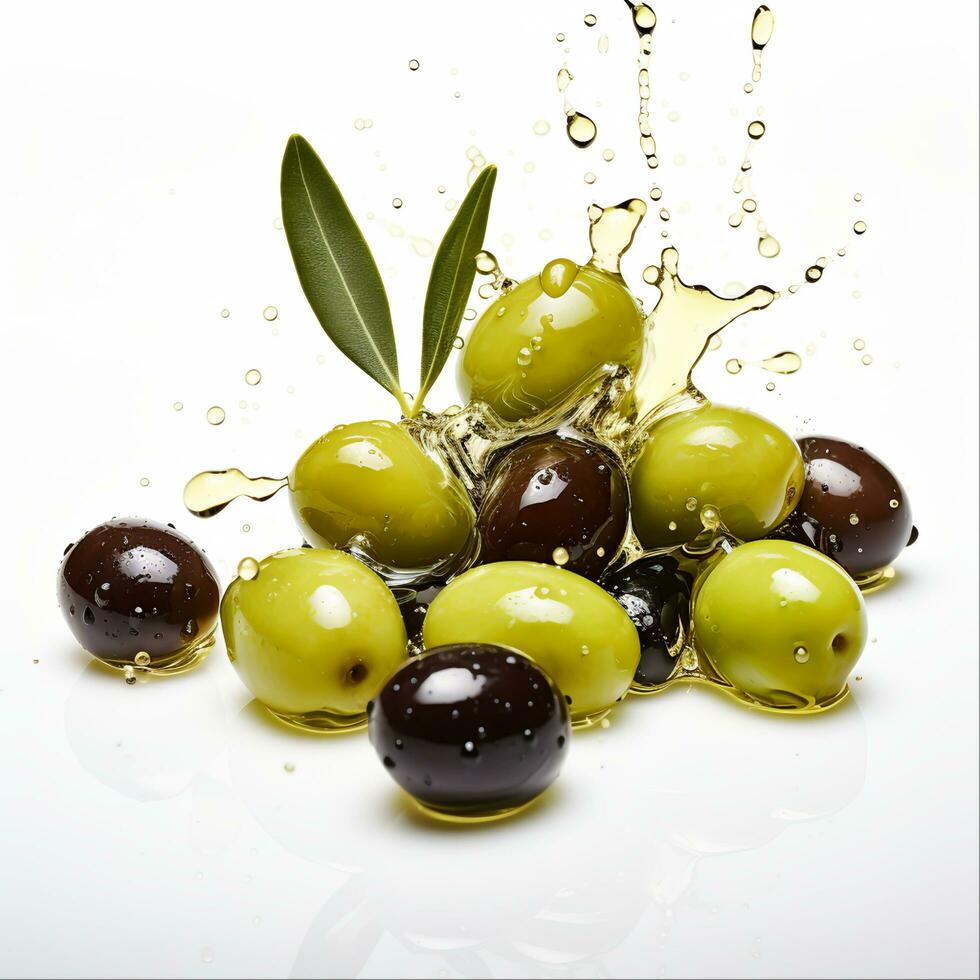 Frais Olives et olive pétrole pour en bonne santé cuisson, ai généré photo