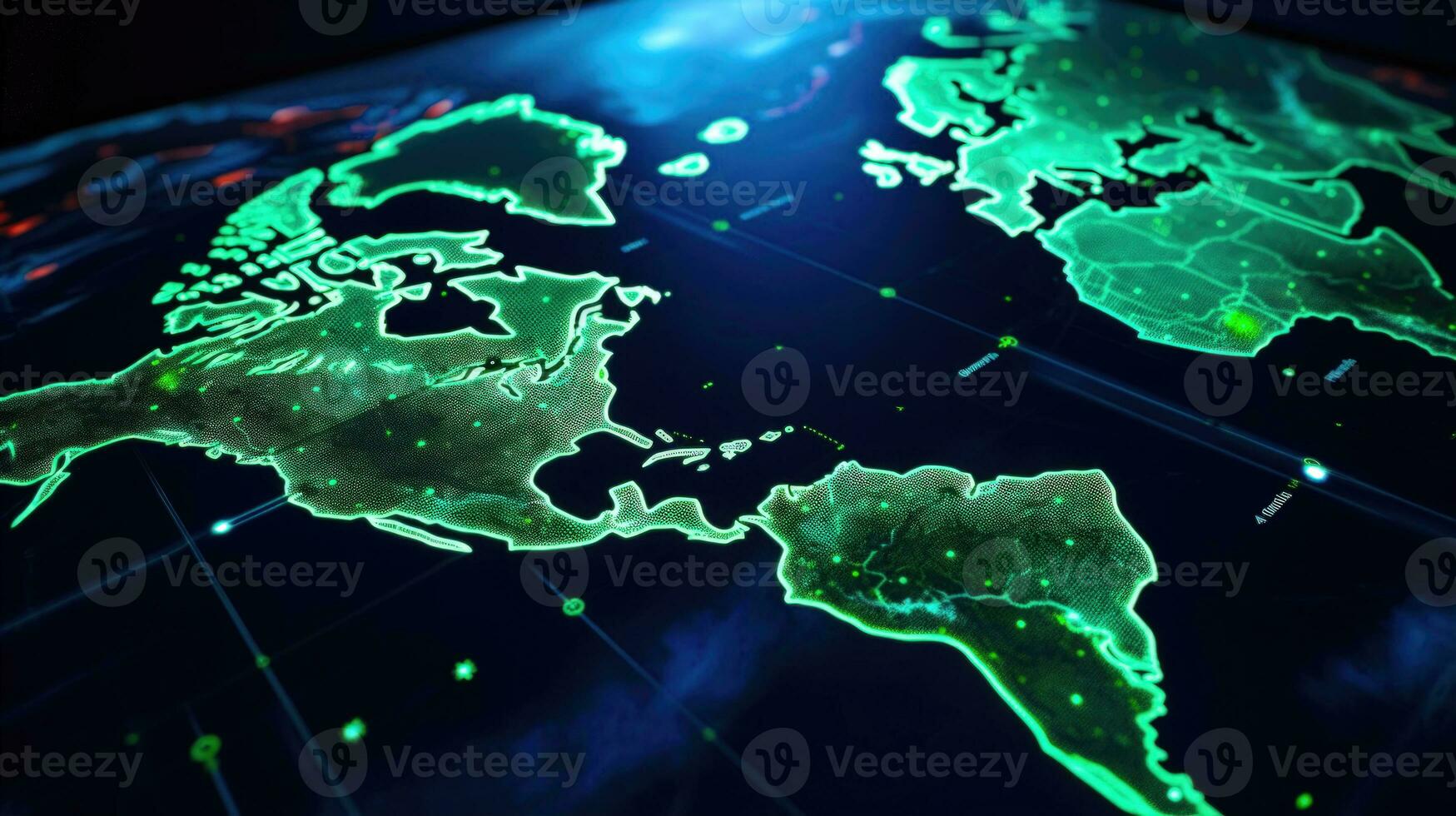 global surveillance et surveillance concept avec 3d carte et vert remplir pour continents et océan ai généré photo