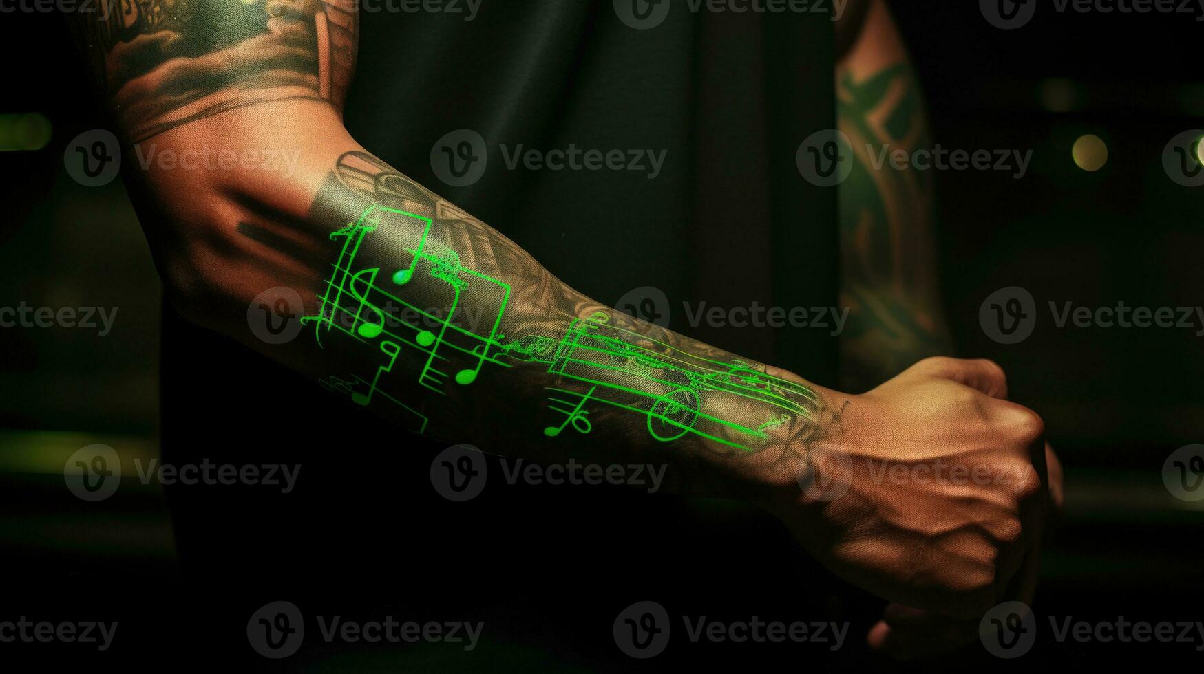 Jeune les mecs bras avec étourdissant tatouage et musical symboles ai généré photo