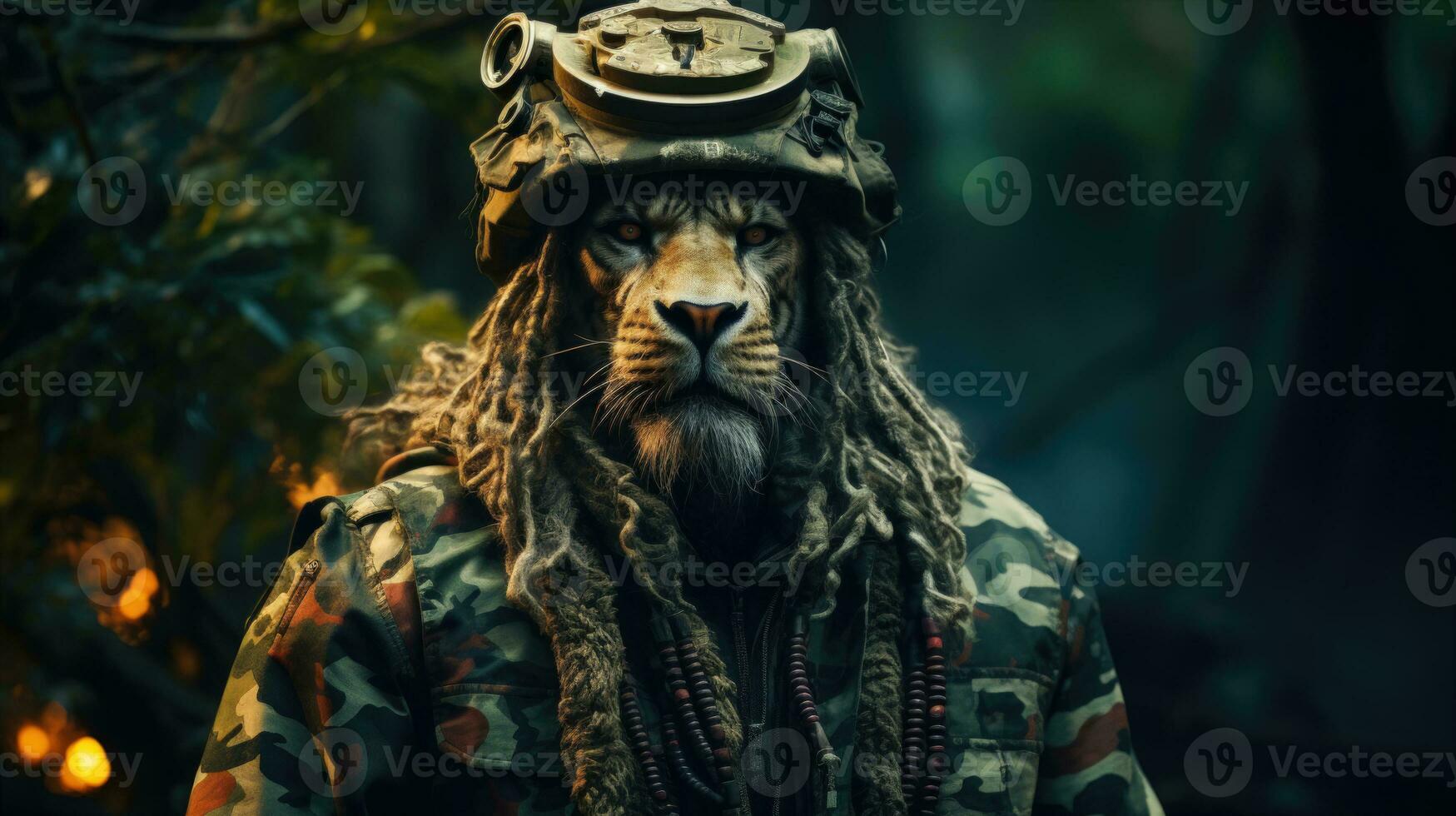 redoutable faune Lion guerrier dans jungle camouflage costume et casque ai généré photo