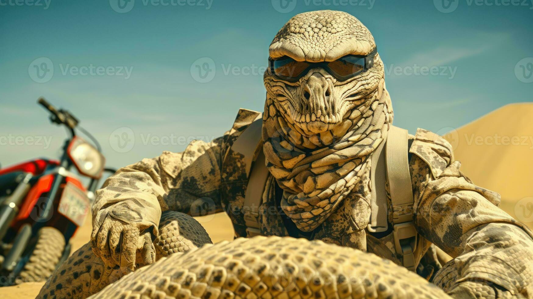 image manipulation de une casqué et camouflé géant serpent dans soldat robe glisse dans le désert avec moto ai généré photo