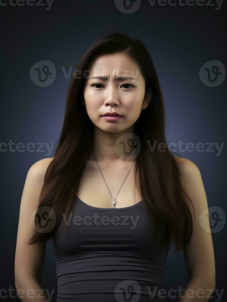 asiatique femme apparaît à être dans douleur sur gris Contexte ai génératif photo