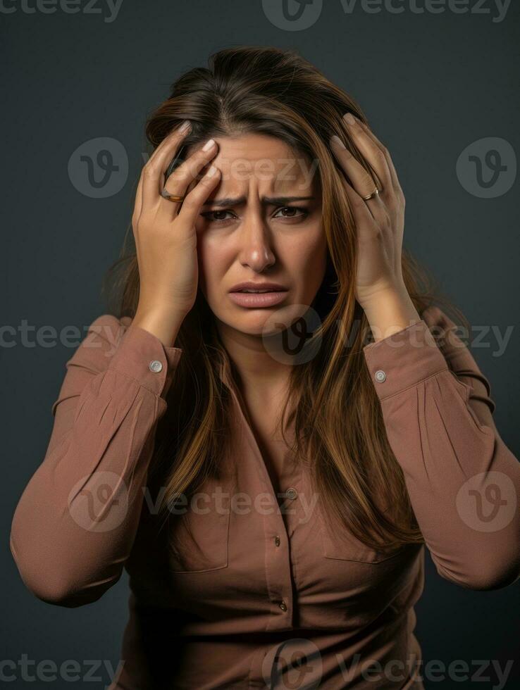 mexicain femme apparaît à être dans douleur de mal de crâne ai génératif photo