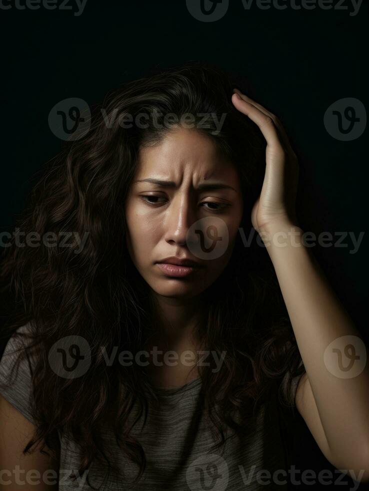 mexicain femme apparaît à être dans douleur de mal de crâne ai génératif photo