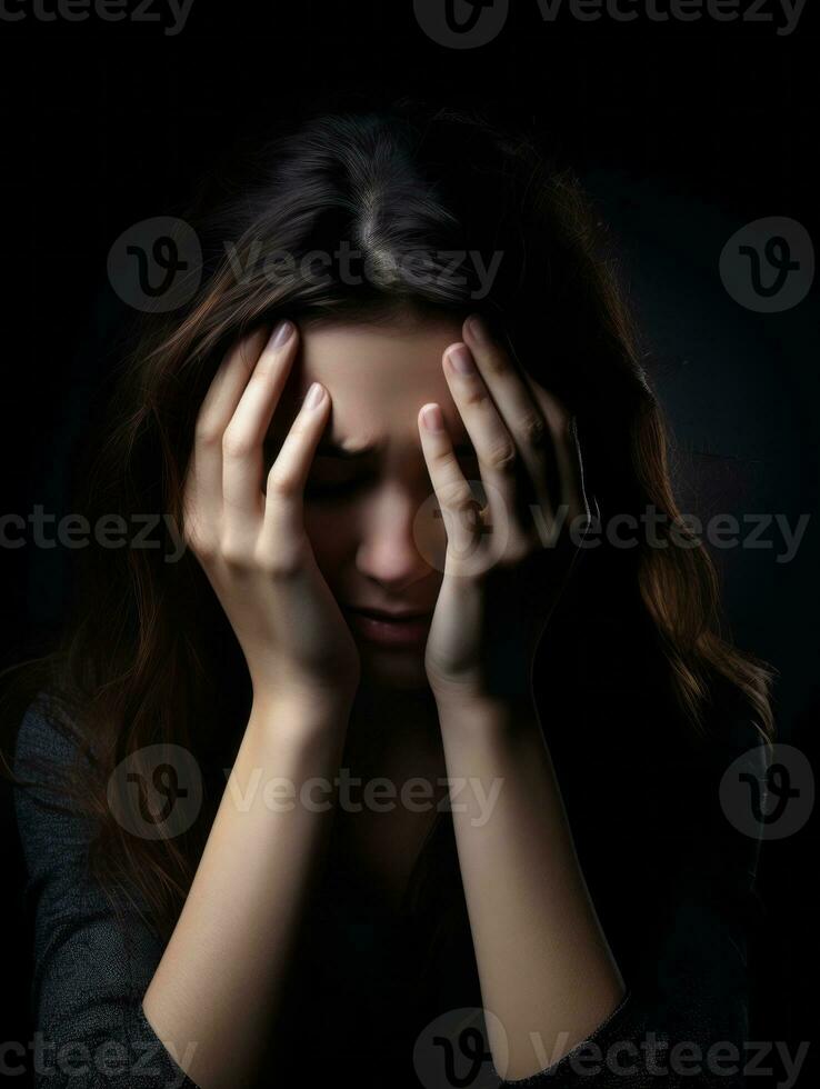 femme apparaît à être dans douleur de mal de crâne ai génératif photo