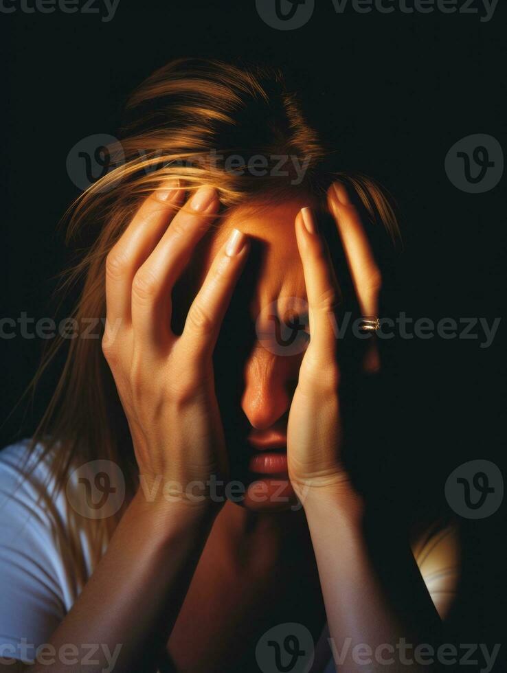 femme apparaît à être dans douleur de mal de crâne ai génératif photo