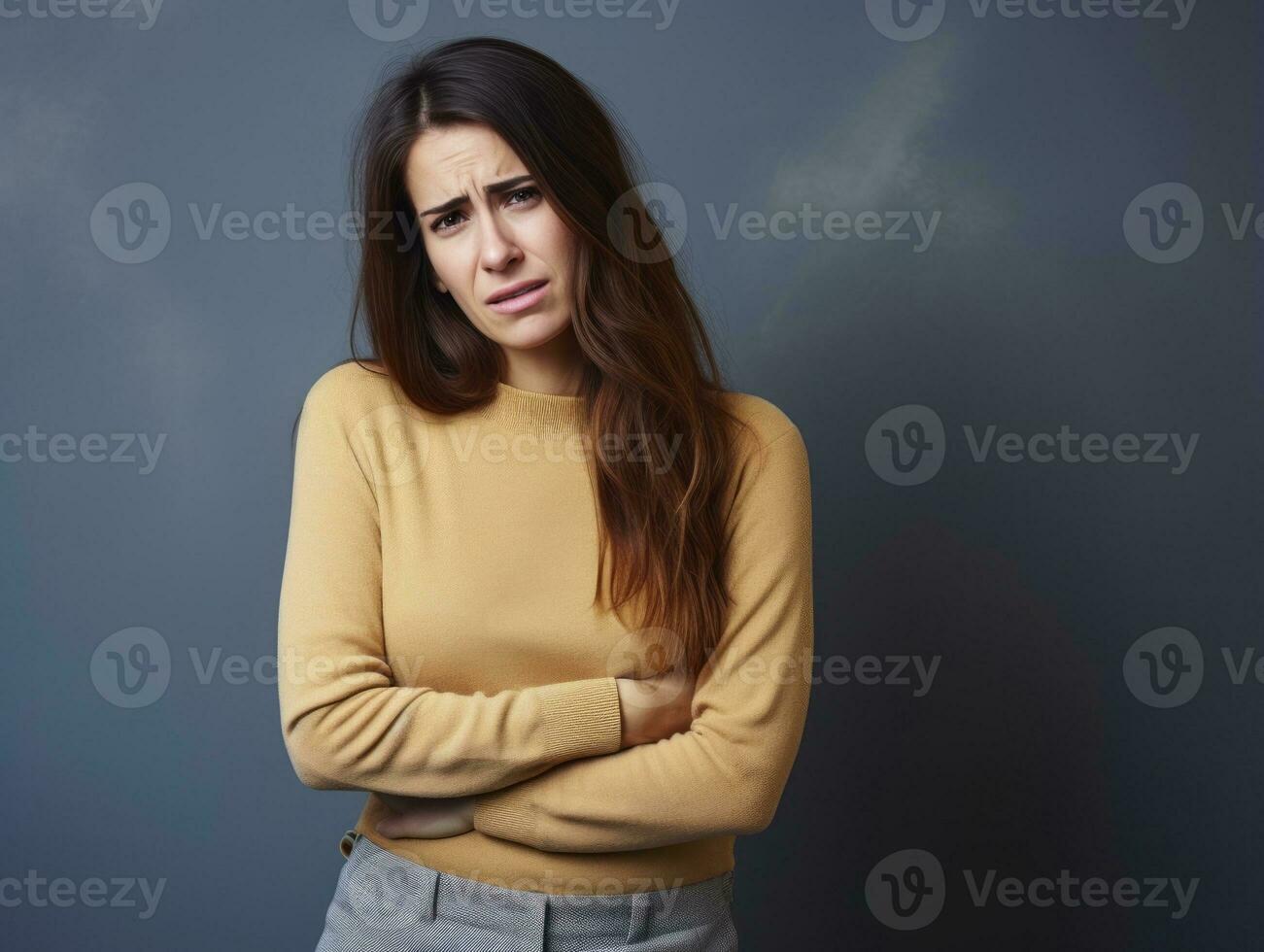 femme apparaît à être dans douleur sur gris Contexte ai génératif photo