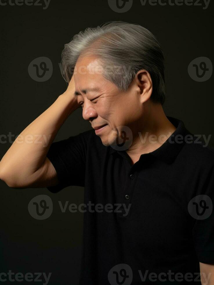 asiatique homme avec douleur sur neutre Contexte ai génératif photo