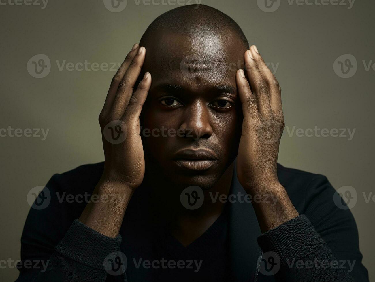 noir homme avec douleur sur neutre Contexte ai génératif photo