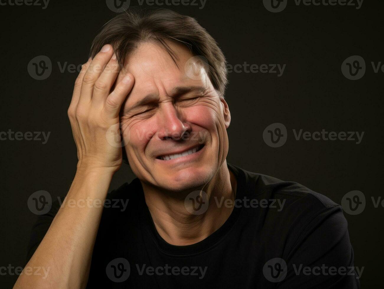 homme avec douleur sur neutre Contexte ai génératif photo