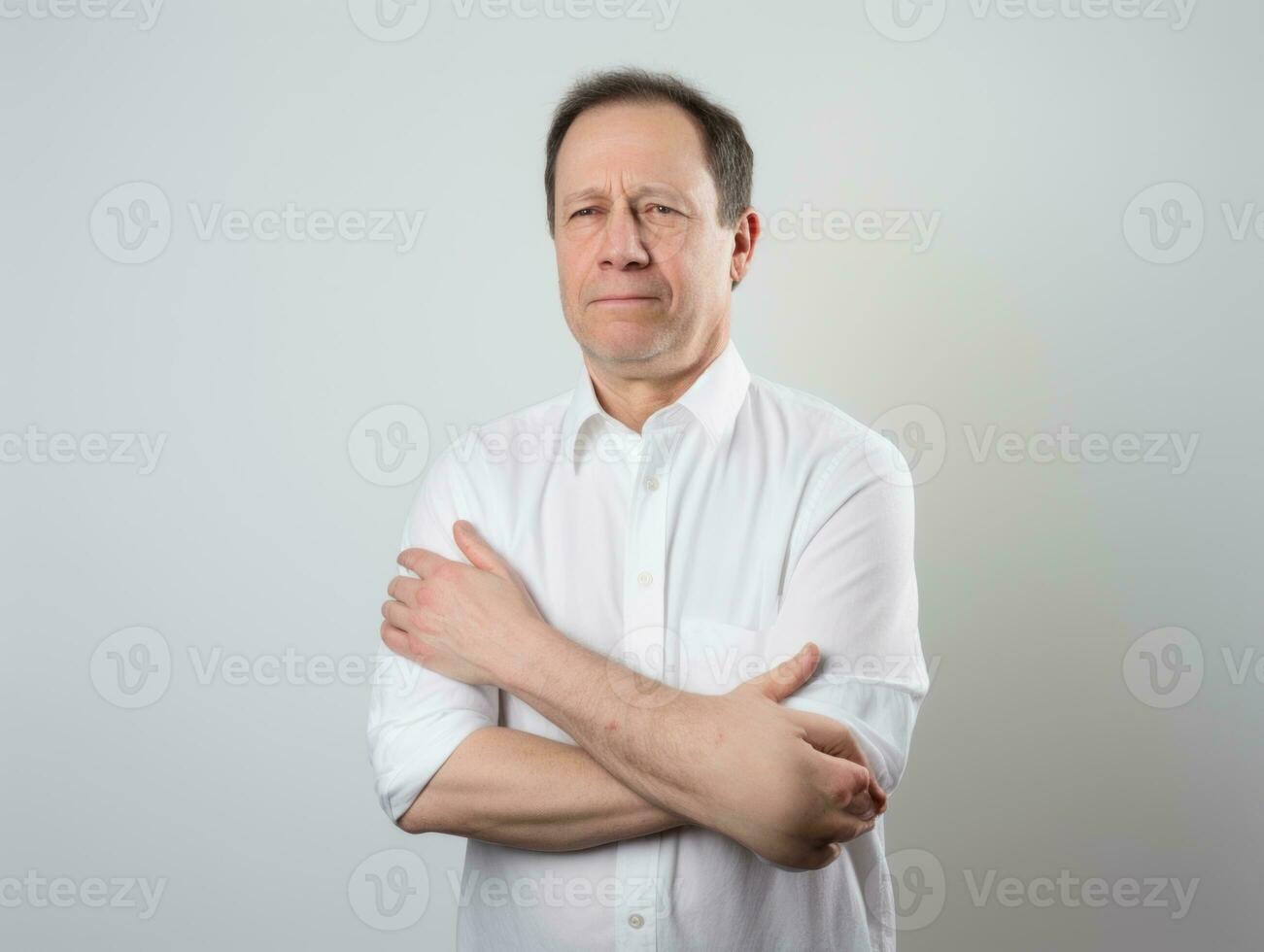 homme avec douleur sur neutre Contexte ai génératif photo