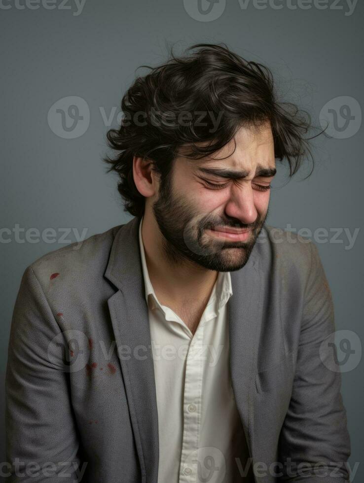 homme avec douleur sur neutre Contexte ai génératif photo