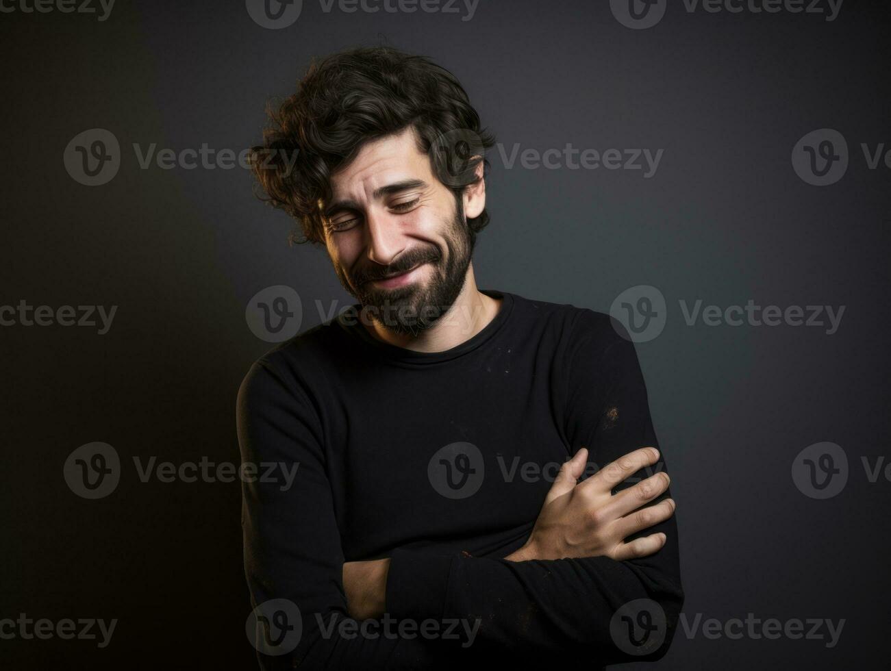 homme avec maux d'estomac sur neutre Contexte ai génératif photo