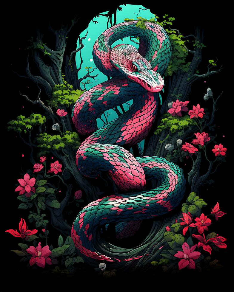 une coloré fermer serpent dans le vert enchanté les bois vecteur illustration Contexte photo