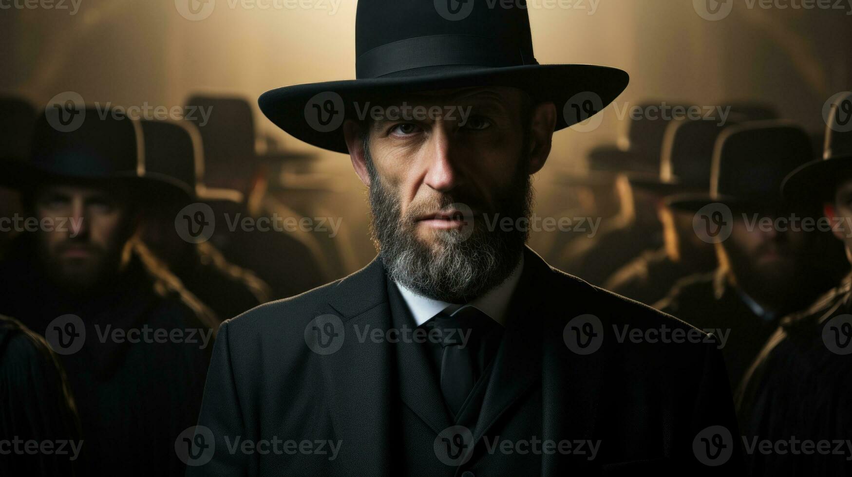 juif homme avec une barbe dans une noir costume et Haut chapeau sur une foncé Contexte de groupe de les Juifs. photo