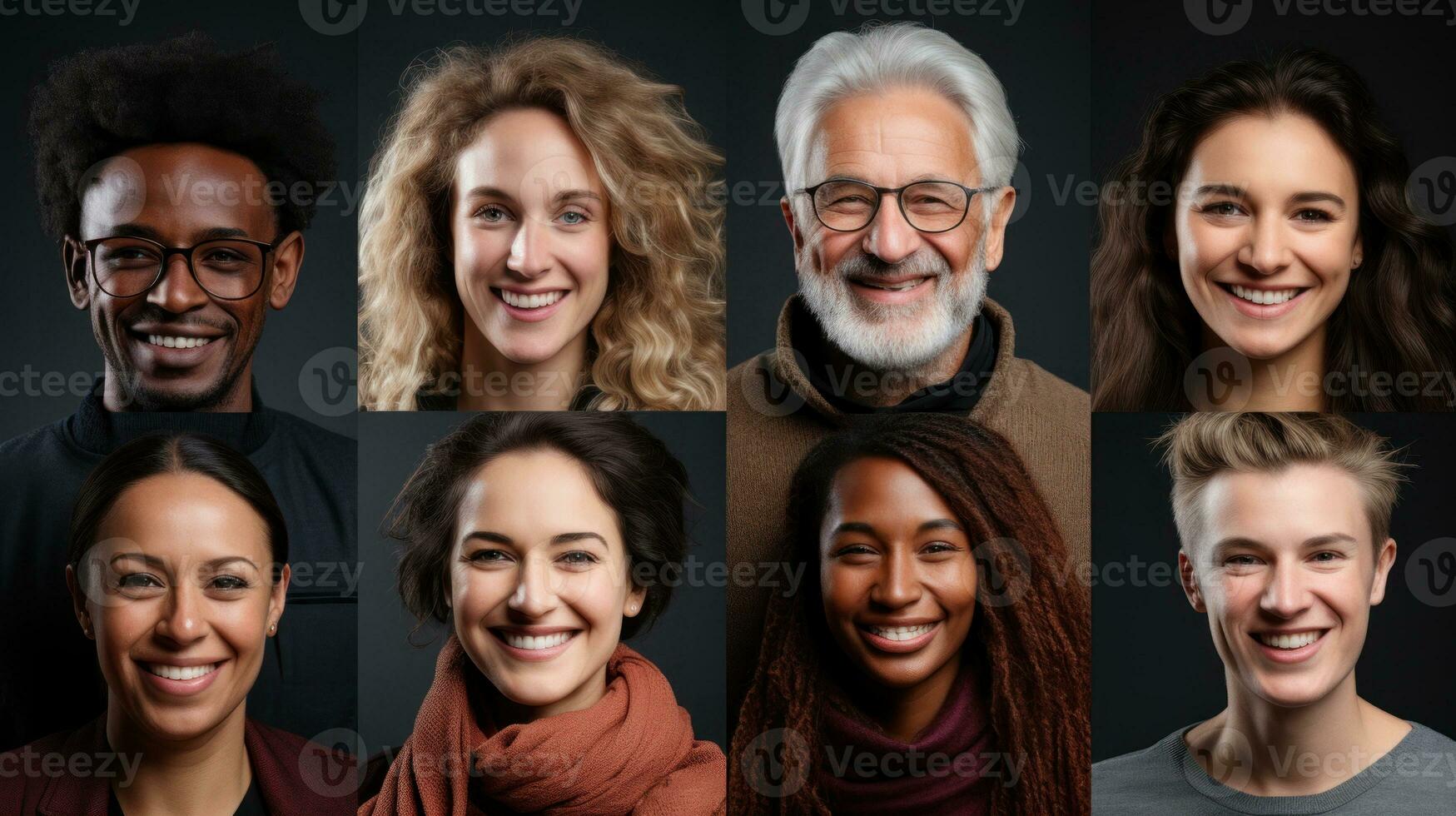 collage de portraits de souriant Multi-éthnique gens sur foncé Contexte. photo