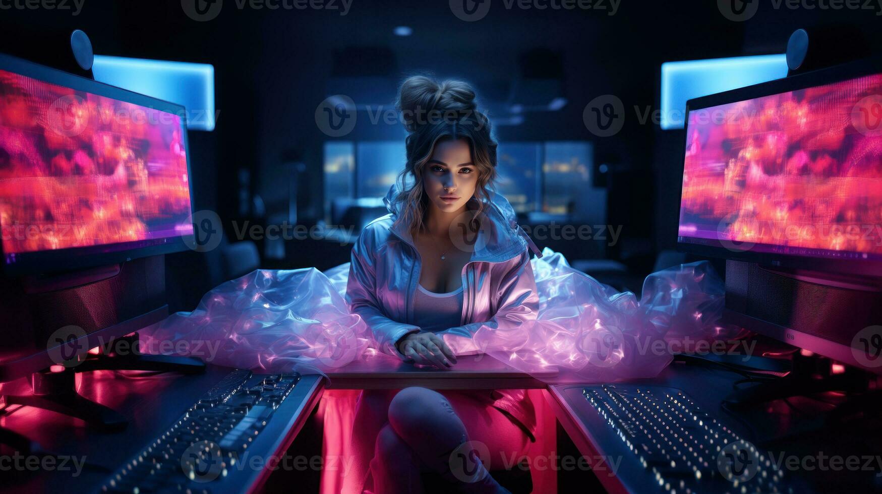 portrait de une fille dans une rose robe séance dans de face de une ordinateur moniteur. photo