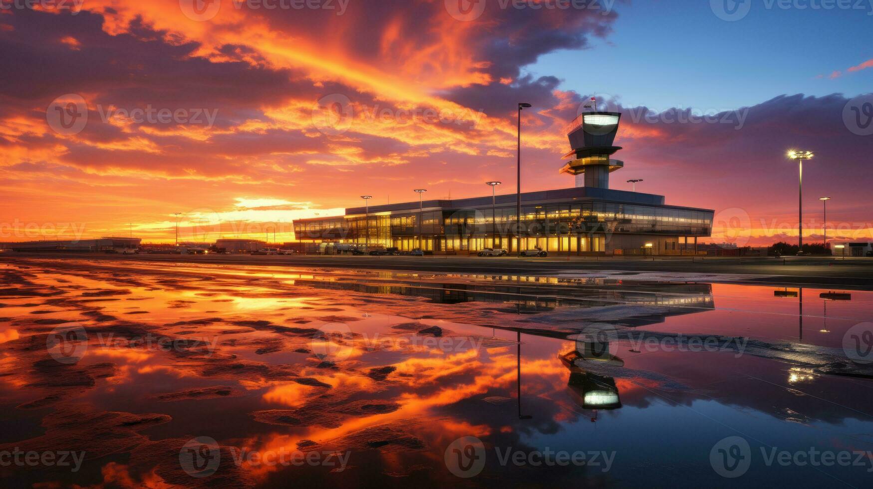 international aéroport à le coucher du soleil avec réflexion. photo