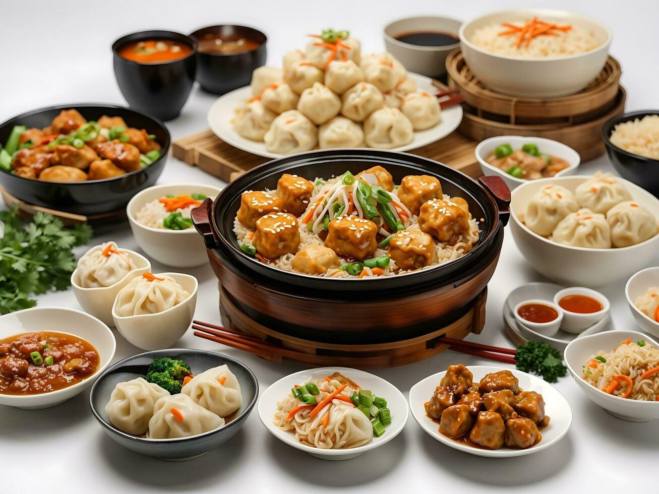 chinois nourriture sur blanc Contexte. nouilles, frit riz, Dumplings, remuer frire poulet, faible somme, printemps rouleau génératif ai photo