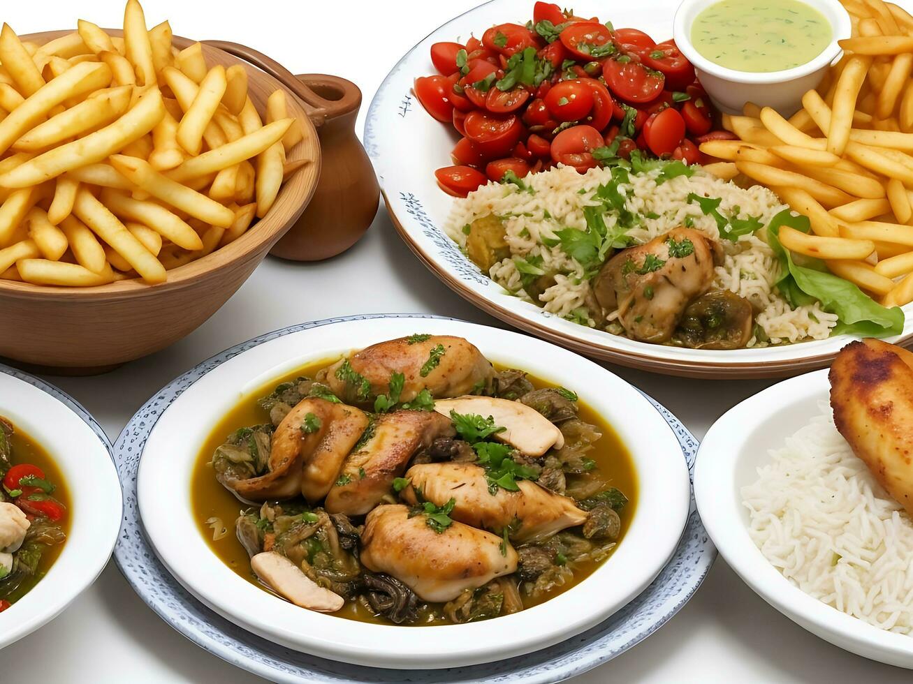 gratuit photo dîner ensemble avec dolma soupes, salades et poulet avec riz et français frites génératif ai