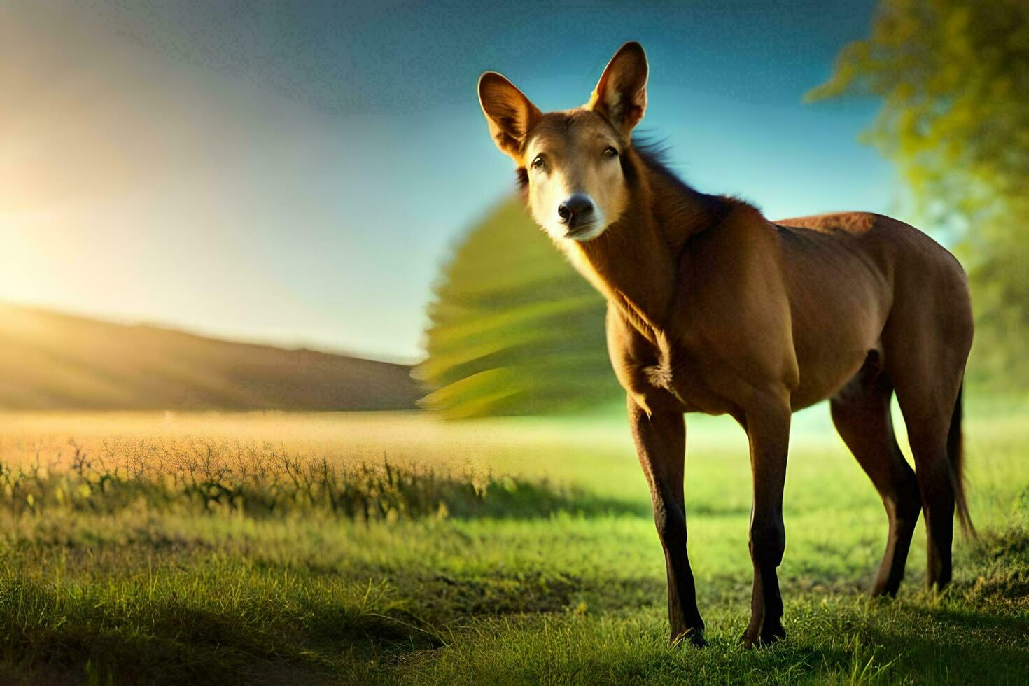 une cheval permanent dans le herbe avec le Soleil derrière il. généré par ai photo